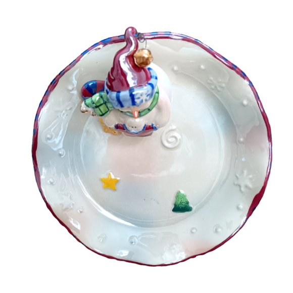 Luster Candy Dish With Attached Snowman Christmas Dish Winter 7" - Picture 2 of 6